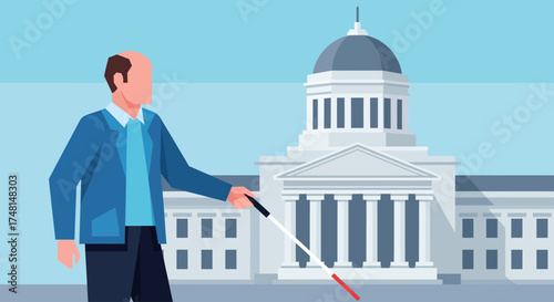 A visually impaired man holding a white cane stands in front of a government capitol building.