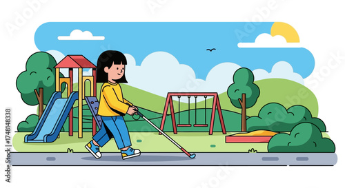Illustration of a young girl with a cane walking in a park with playground equipment.