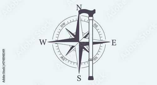 A graphic illustration of a compass rose with a walking cane, symbolizing guidance, direction, and a life journey.