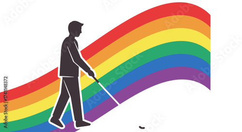 Silhouette of a visually impaired person walking with a white cane against a vibrant rainbow flag, symbolizing inclusivity and pride.