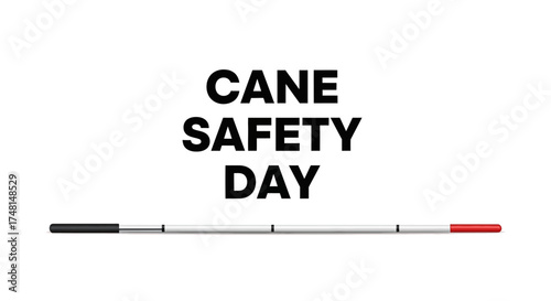 A graphic design for Cane Safety Day featuring bold black text and a white cane illustration on a clean white background.