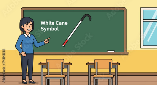 A teacher pointing at a whiteboard with a white cane symbol, explaining its meaning.