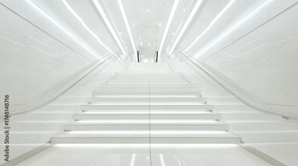 Obraz premium Luminous Ascent: A Gleaming White Staircase in a Futuristic, Symmetrical Interior