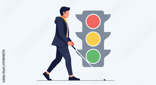 A visually impaired person uses a white cane to navigate near a traffic light.