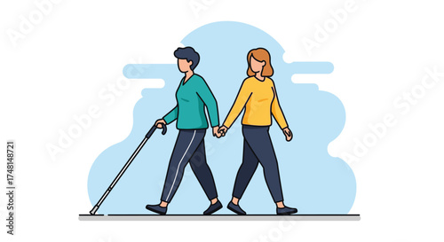 Illustration of a visually impaired person walking with a guide, symbolizing support and assistance.