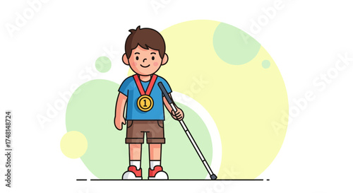 A cheerful cartoon boy with a gold medal and a white cane, representing achievement and visual impairment.