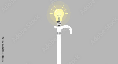 An artistic representation of a walking cane with a lightbulb illuminating the top, symbolizing ideas.