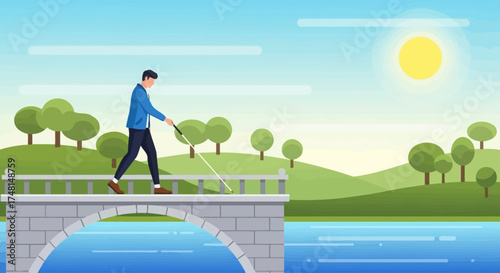 An illustration of a visually impaired man walking with a white cane across a stone bridge over water, with green hills and trees under a sunny sky.