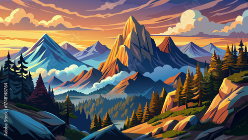 Very beautiful Whiteside Mountain in North Carolina, USA, vector-style composition highlighting steep cliffs, misty skies, and the majestic beauty of the Appalachian landscape.