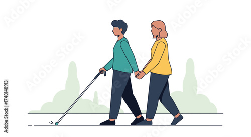 A person using a white cane is being guided by another person holding their hand while walking outdoors.