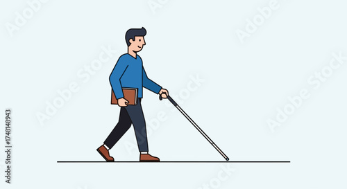 Illustration of a blind man walking with a cane and holding a book.