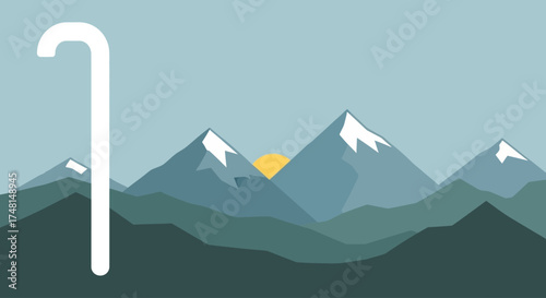 An artistic illustration featuring a mountain range with a rising sun and a stylized number one.