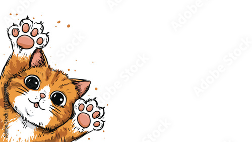 Cheerful Cartoon Cat with Raised Paw - Greeting Cute Kitten Illustration
