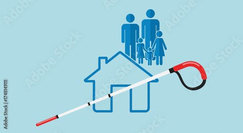 Illustration depicting a family, a house, and a cane, symbolizing support and accessibility.