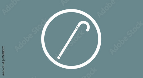 White cane icon in a circle on a gray background.