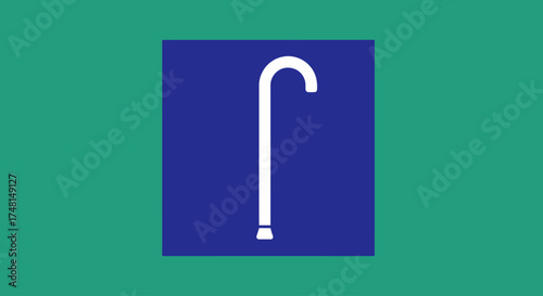 A white cane with a curved handle is depicted on a blue square against a green background.