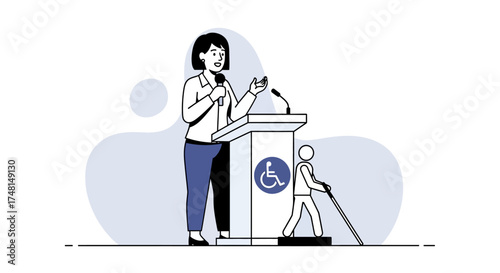 A woman speaks at a podium with a disability symbol, while a person with a cane walks by.