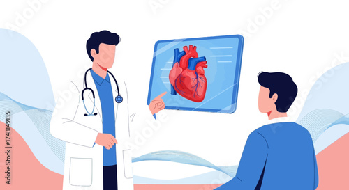 Doctor Explaining Heart Condition to Patient using Digital Screen Illustration Depicts Cardiology