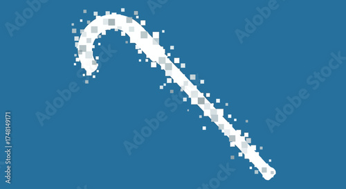 Abstract pixelated white candy cane shape on a solid blue background, digital art illustration.