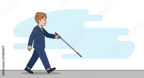 A man in a suit walks with a cane, navigating a sidewalk, eyes closed, representing visual impairment.