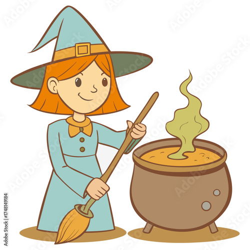 Retro cartoon witch stirring magic potion, vintage Halloween illustration in comic style with bold lines, simple color palette, and expressive character design
