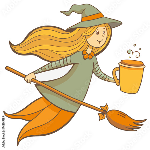 Witch flying on broom holding coffee cup, modern Halloween character illustration in vintage comic style with expressive motion lines and balanced composition
