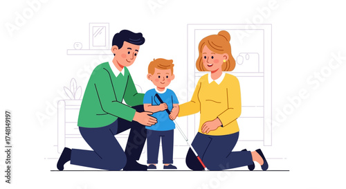 Parents teaching their visually impaired child to use a white cane at home.