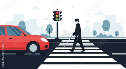 A visually impaired man with a white cane crosses a street at a pedestrian crossing with a traffic light.