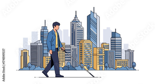 Illustration of a blind man walking with a cane in a city.