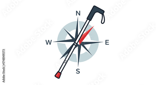 Illustration of a compass rose with a walking stick overlaid, pointing towards the northeast.