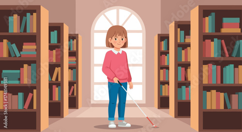 Illustration of a blind woman with a cane in a library.
