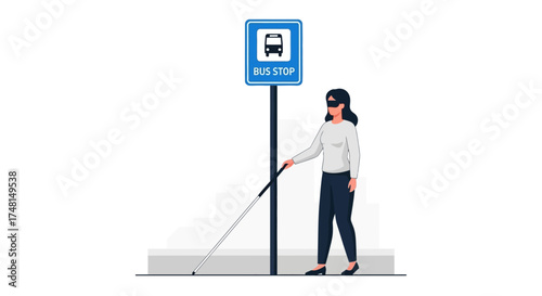 A visually impaired woman wearing dark glasses and using a white cane stands at a bus stop sign, indicating her journey and reliance on public transportation.