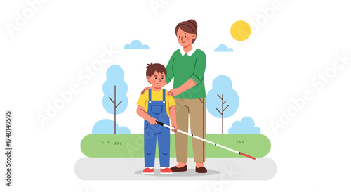 A kind woman gently guides a young boy with a white cane through a sunny park, symbolizing support and accessibility.