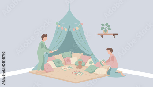 Two men reading books in a cozy tent with pillows Home relaxation storytelling and family bonding