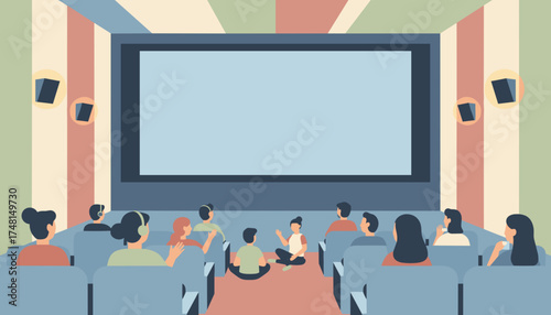 Diverse audience with headphones watching a blank screen in a modern cinema or presentation room Learning entertainment