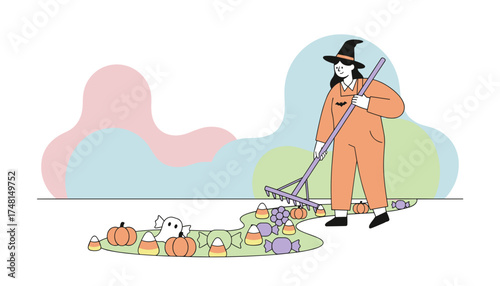 Smiling witch raking Halloween candy pumpkins and a ghost celebrating the festive holiday