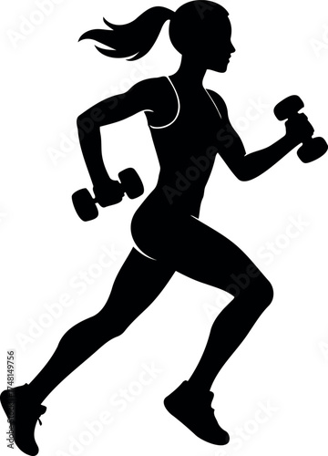 Vector silhouette of a woman running while holding dumbbells in both of her hands