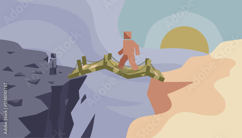 Abstract figure crosses bridge from dark abyss to bright horizon symbolizing progress and new beginnings