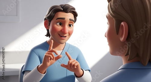 Friendly animated doctor explaining a medical procedure to a patient in his office