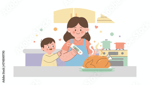 Mother and child cooking roasted turkey together checking temperature in a happy kitchen
