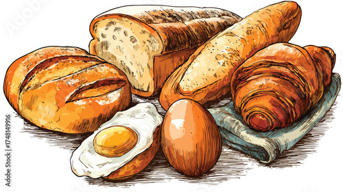 Delicious Bakery Goods, Bread, Pastry, and Eggs Vector Illustration with Outline Design