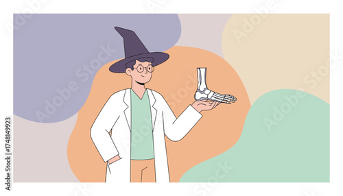 Whimsical anatomist in lab coat  witch hat holding a human foot skeleton model