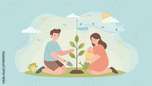 Happy family plants a tree with baby symbolizing new life growth and environmental care