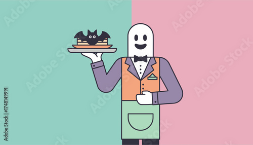 Friendly ghost waiter serving spooky bat cake for Halloween festivities