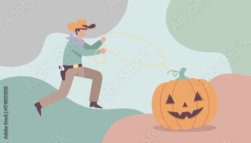 Cowboy character lassoing a festive Halloween pumpkin Fun playful seasonal concept for fall