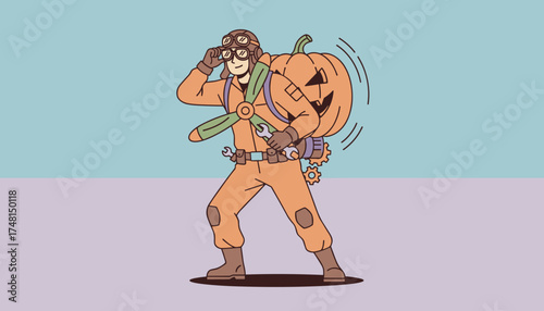 Adventurous pilot with a steampunk Halloween pumpkin jetpack Ready for spooky fun