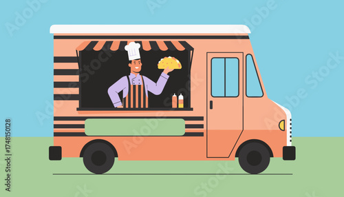 Happy chef serving a fresh taco from a colorful food truck Ideal for street food business