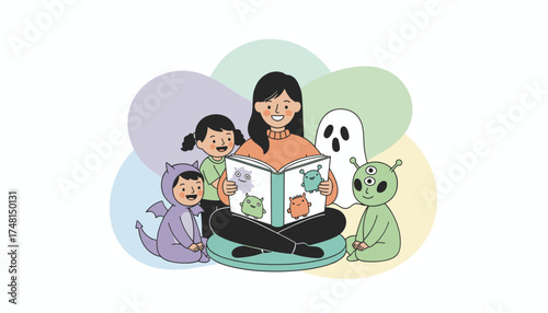 Woman reads engaging monster story to diverse kids and fantasy creatures inspiring imagination and learning