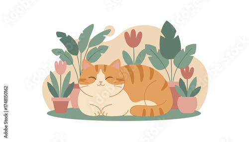 Peaceful orange cat sleeping amidst lush houseplants representing comfort and a cozy home lifestyle