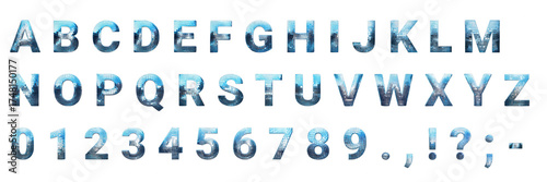 Full uppercase alphabet, numbers, and punctuation in a sparkling blue disco ball style. Isolated on transparent, ideal for retro party or music-themed designs.